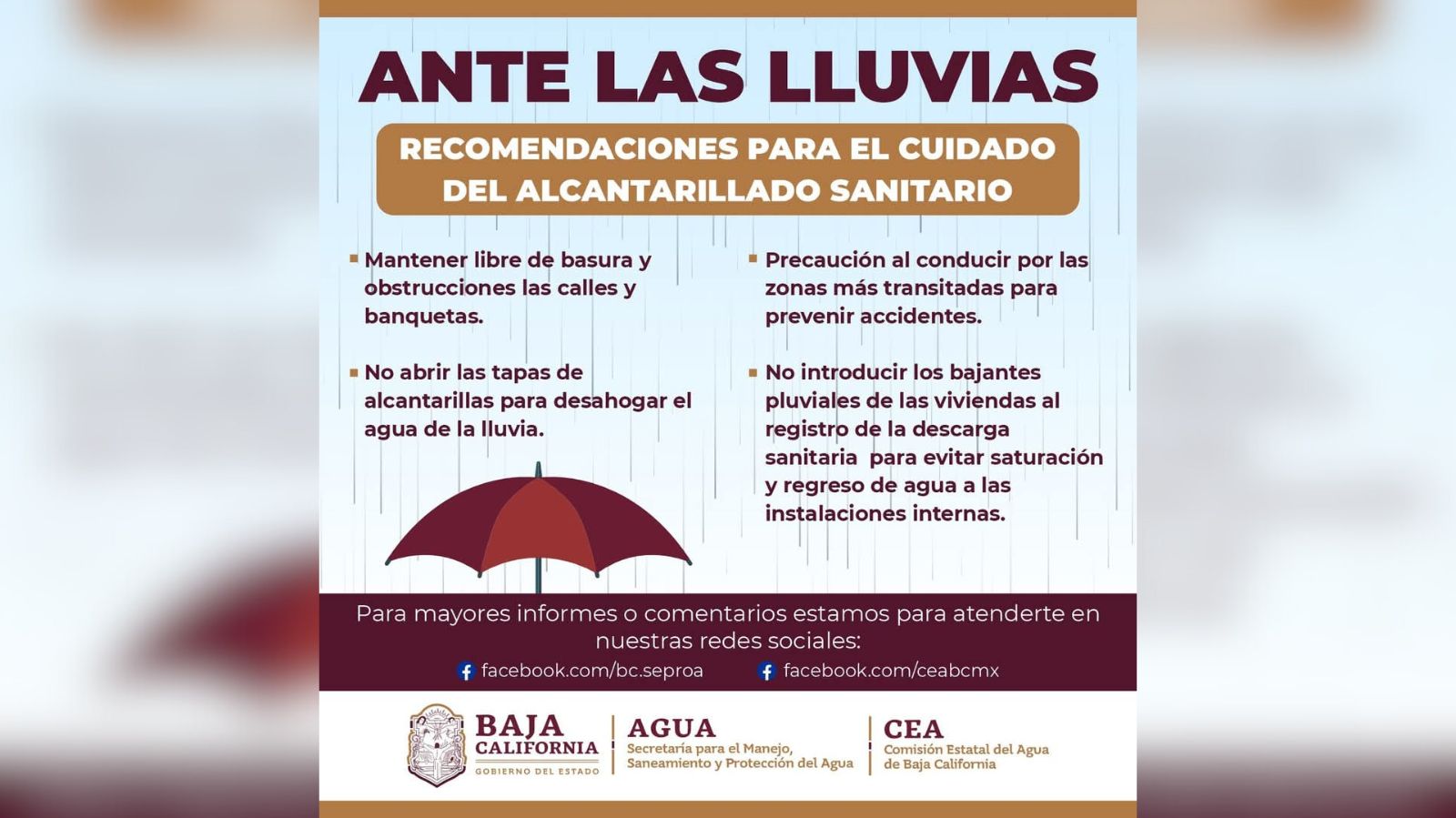 SEPROA emite recomendaciones para prevenir incidentes ante lluvias